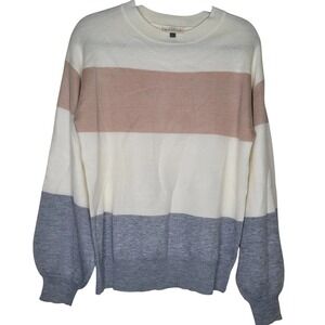 alredine Ivory Beige‎ Gray Knit Pullover Sweater Colorblock Striped Crew L Women